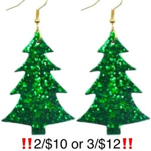 Christmas Tree Earrings Green Glitter Dangling Faux Leather Holiday Novelty